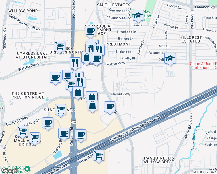 map of restaurants, bars, coffee shops, grocery stores, and more near 9600 Gaylord Parkway in Frisco
