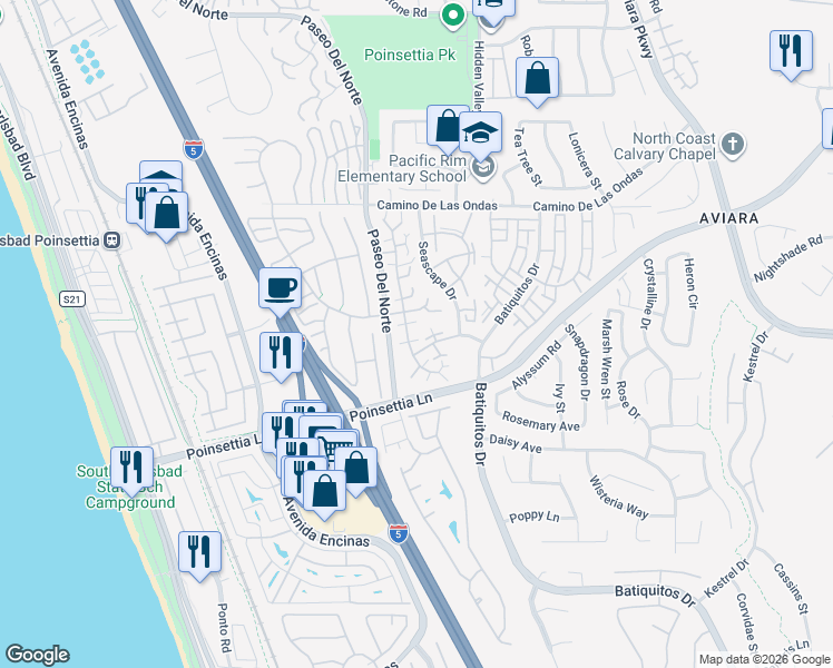 map of restaurants, bars, coffee shops, grocery stores, and more near 6939 Carnation Drive in Carlsbad