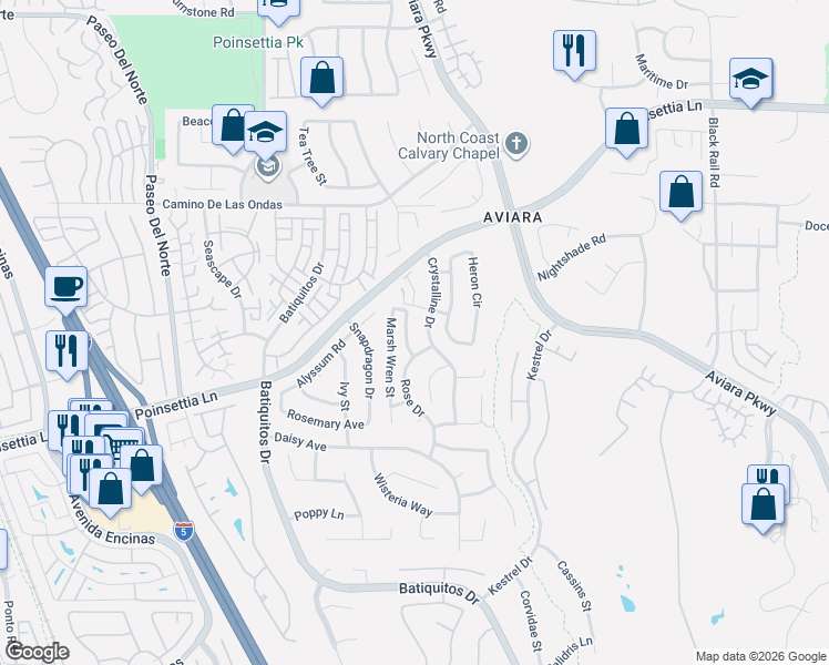 map of restaurants, bars, coffee shops, grocery stores, and more near 7023 Cinnamon Teal Street in Carlsbad