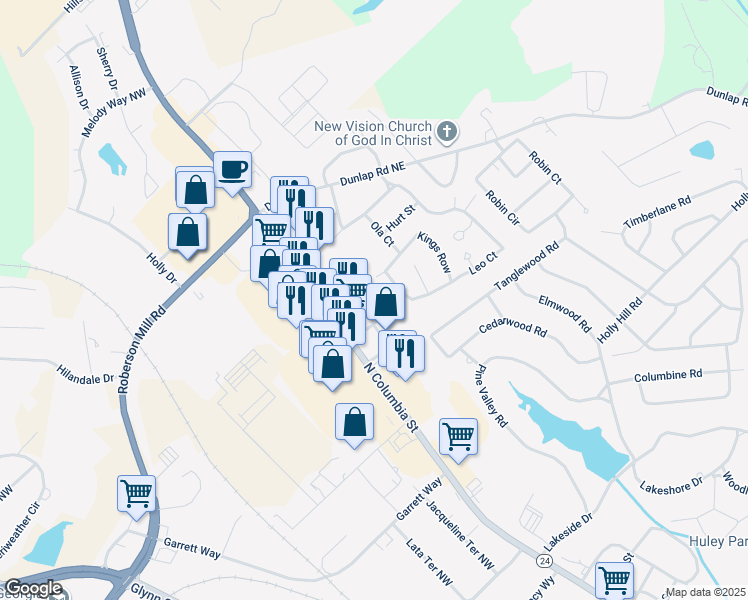 map of restaurants, bars, coffee shops, grocery stores, and more near 1891 North Columbia Street in Milledgeville