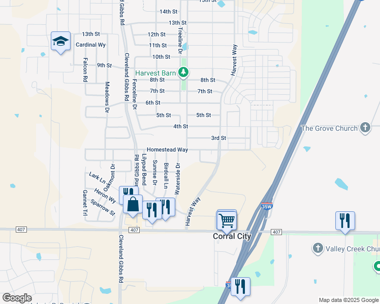 map of restaurants, bars, coffee shops, grocery stores, and more near 1300 Homestead Way in Argyle
