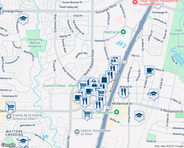 map of restaurants, bars, coffee shops, grocery stores, and more near 680 North Watters Road in Allen