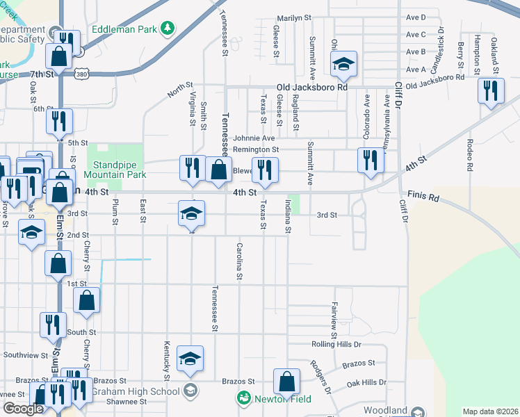 map of restaurants, bars, coffee shops, grocery stores, and more near 507 Texas Street in Graham