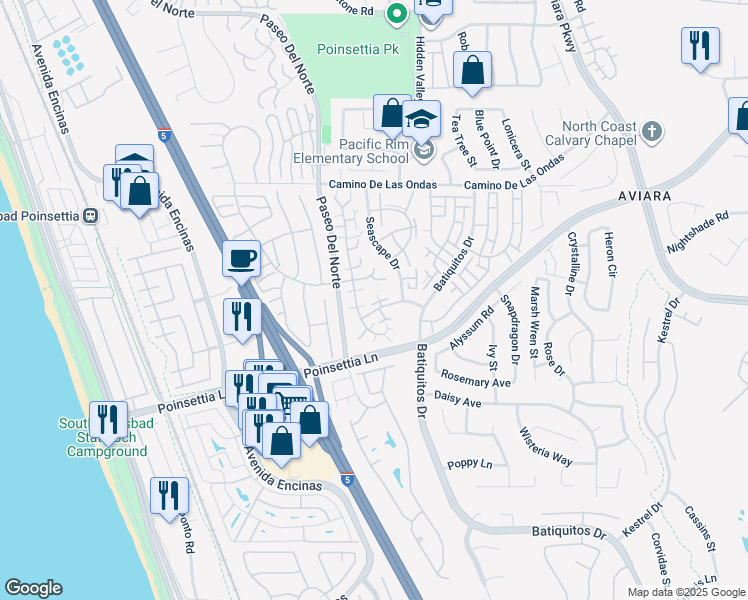 map of restaurants, bars, coffee shops, grocery stores, and more near 868 Buttercup Road in Carlsbad
