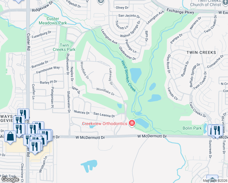 map of restaurants, bars, coffee shops, grocery stores, and more near 408 Woodlake Drive in Allen