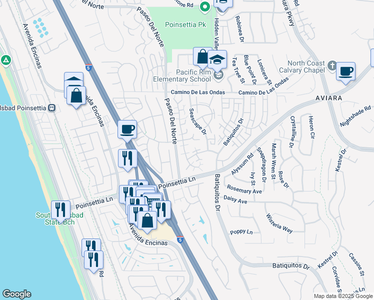map of restaurants, bars, coffee shops, grocery stores, and more near 6922 Carnation Drive in Carlsbad