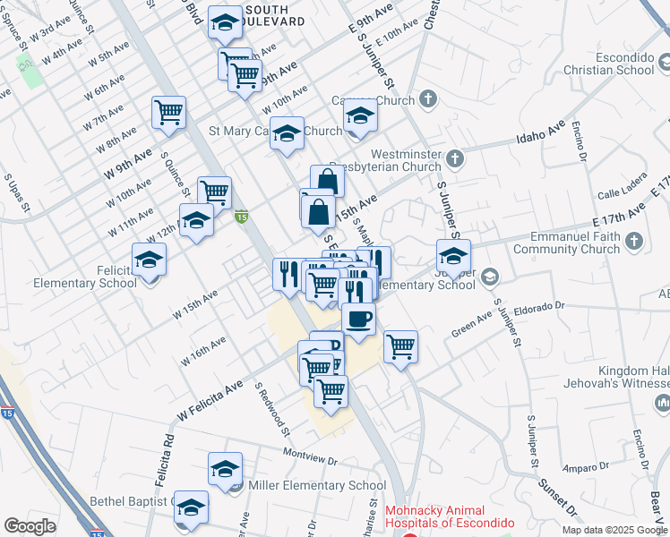 map of restaurants, bars, coffee shops, grocery stores, and more near 1563 South Escondido Boulevard in Escondido