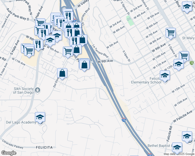 map of restaurants, bars, coffee shops, grocery stores, and more near 1564 Tanglewood Lane in Escondido