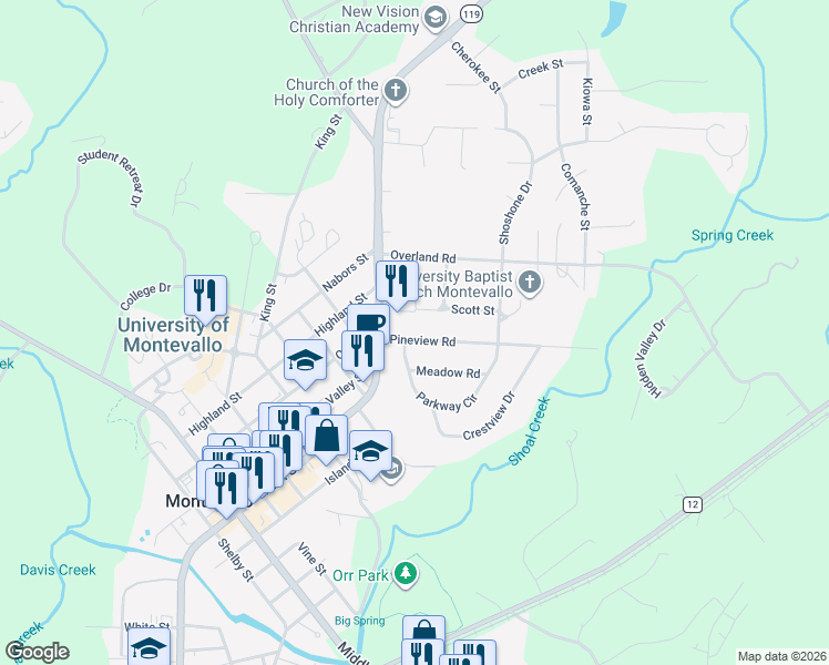 map of restaurants, bars, coffee shops, grocery stores, and more near 175 Pineview Road in Montevallo