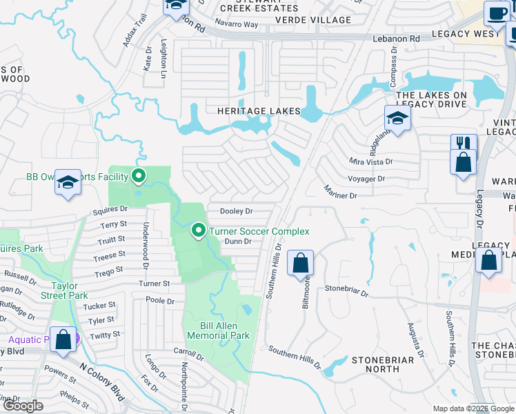 map of restaurants, bars, coffee shops, grocery stores, and more near 3323 Nation Drive in Frisco
