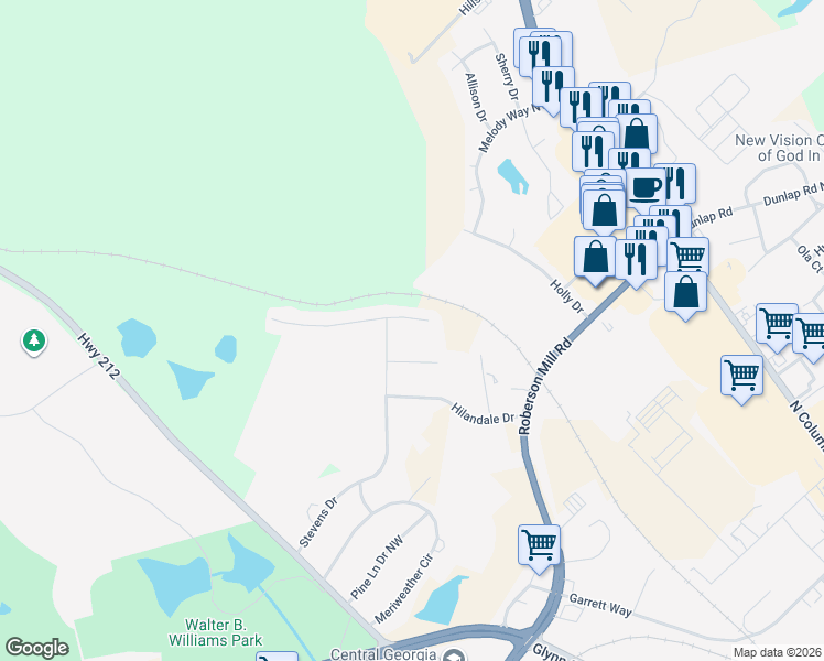 map of restaurants, bars, coffee shops, grocery stores, and more near 111 Old Mill Court in Milledgeville