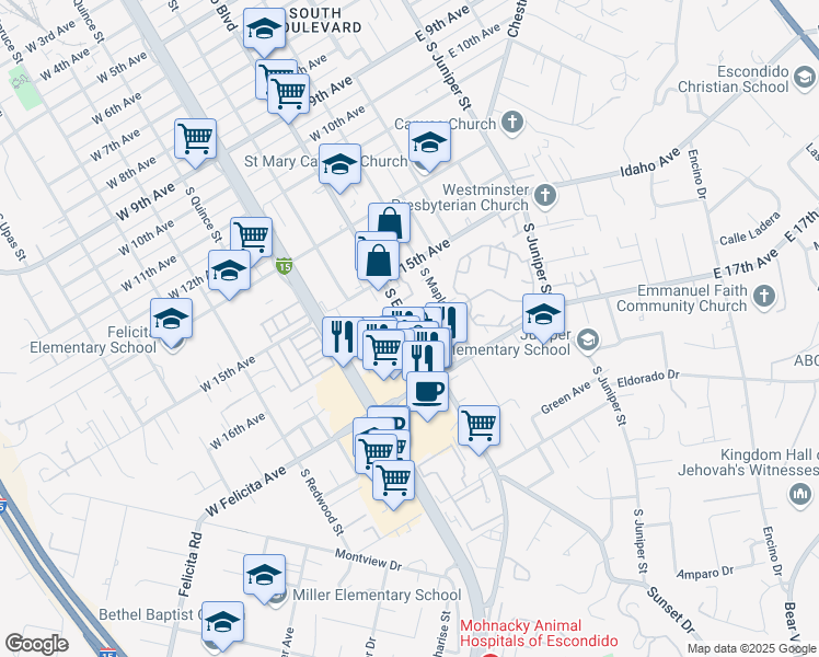map of restaurants, bars, coffee shops, grocery stores, and more near 1575 South Escondido Boulevard in Escondido