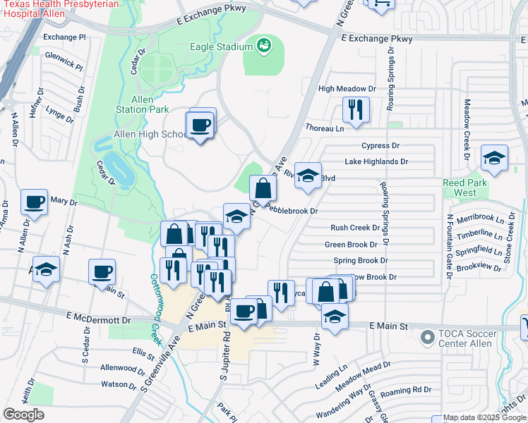map of restaurants, bars, coffee shops, grocery stores, and more near 410 North Greenville Avenue in Allen