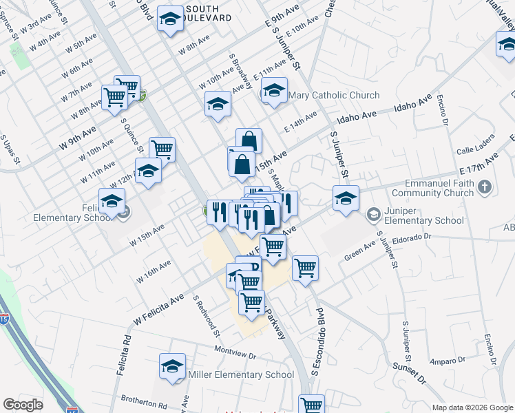 map of restaurants, bars, coffee shops, grocery stores, and more near 1601 South Escondido Boulevard in Escondido