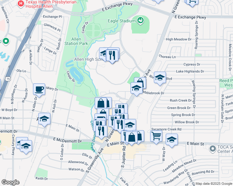 map of restaurants, bars, coffee shops, grocery stores, and more near 315 North Greenville Avenue in Allen