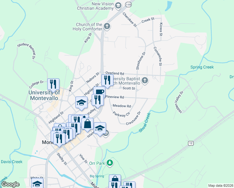 map of restaurants, bars, coffee shops, grocery stores, and more near 175 Pineview Road in Montevallo
