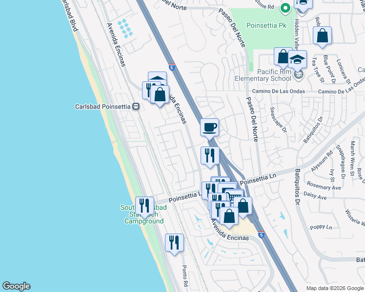 map of restaurants, bars, coffee shops, grocery stores, and more near 6929 Waters End Drive in Carlsbad