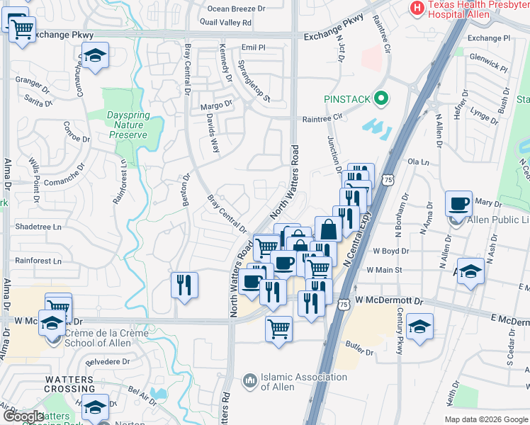map of restaurants, bars, coffee shops, grocery stores, and more near 801 Watters Road in Allen