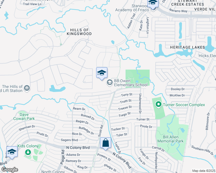 map of restaurants, bars, coffee shops, grocery stores, and more near 5640 Squires Drive in The Colony