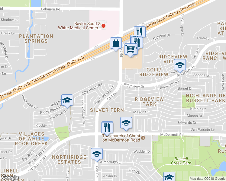 map of restaurants, bars, coffee shops, grocery stores, and more near 9400 Old Veranda Road in Plano