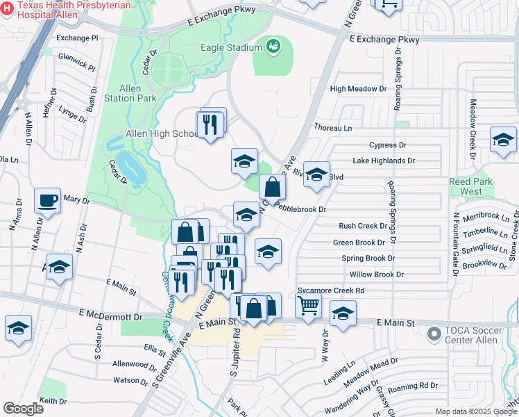 map of restaurants, bars, coffee shops, grocery stores, and more near 471 North Greenville Avenue in Allen