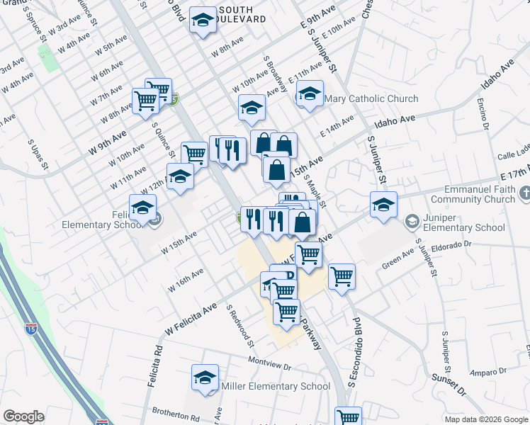 map of restaurants, bars, coffee shops, grocery stores, and more near 1500 Orange Place in Escondido
