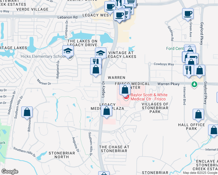 map of restaurants, bars, coffee shops, grocery stores, and more near 5399 Warren Parkway in Frisco