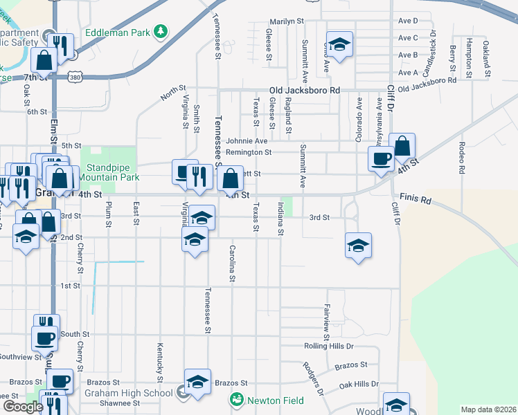 map of restaurants, bars, coffee shops, grocery stores, and more near 507 Texas Street in Graham