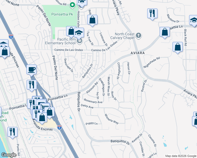 map of restaurants, bars, coffee shops, grocery stores, and more near 952 Alyssum Road in Carlsbad