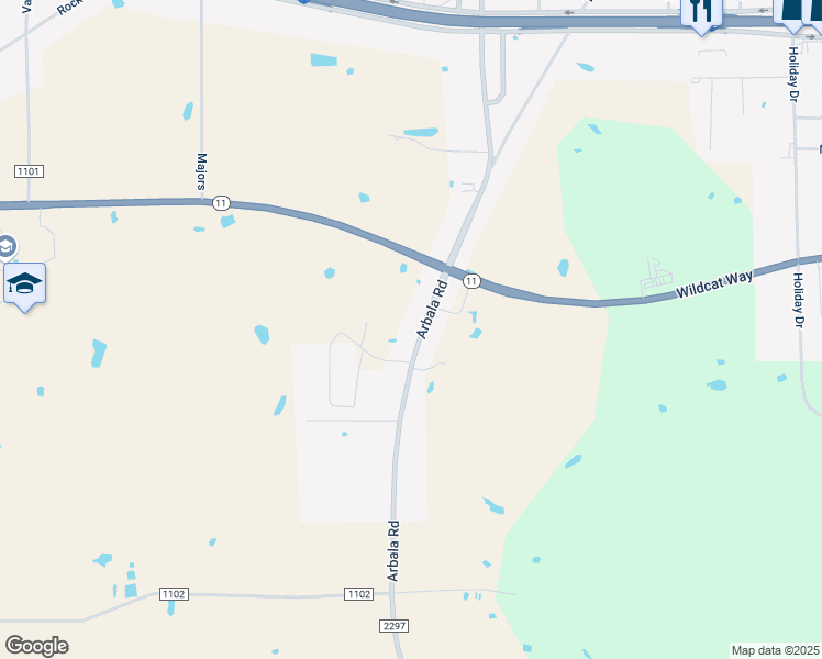 map of restaurants, bars, coffee shops, grocery stores, and more near 1701 Arbala Road in Sulphur Springs