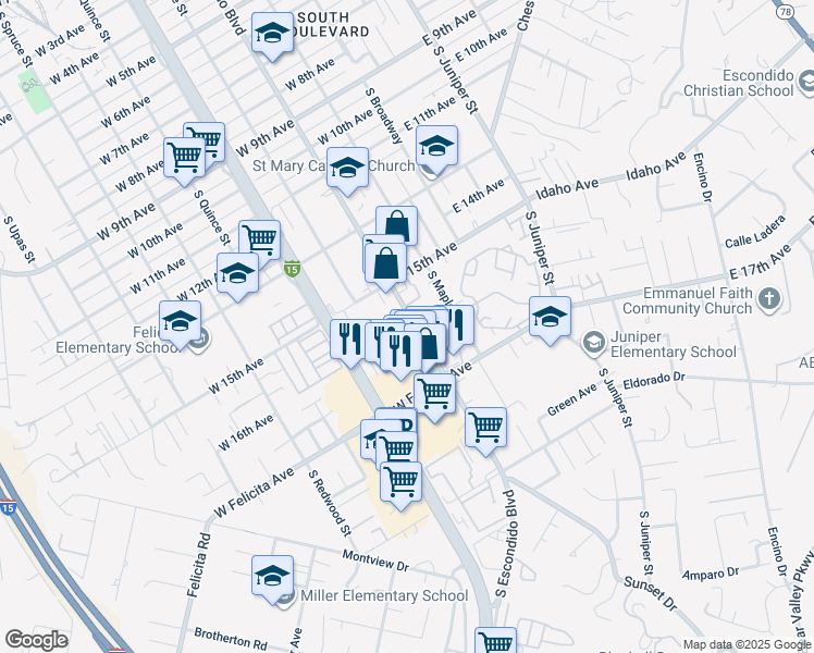 map of restaurants, bars, coffee shops, grocery stores, and more near 1575 South Escondido Boulevard in Escondido