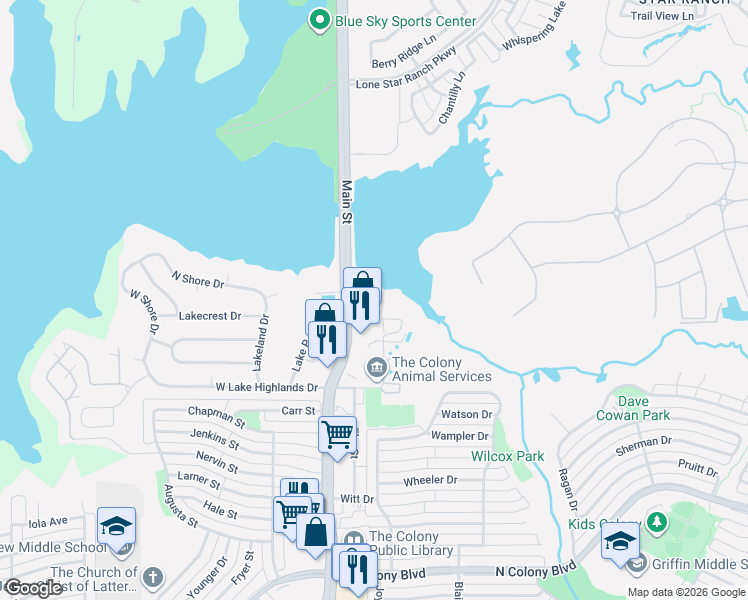map of restaurants, bars, coffee shops, grocery stores, and more near 7604 Pine Court in The Colony
