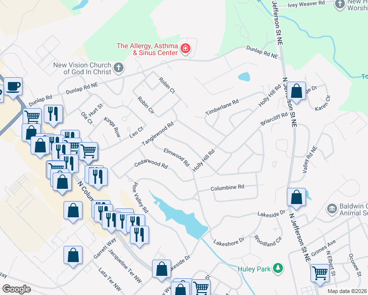 map of restaurants, bars, coffee shops, grocery stores, and more near 1732 Cardinal Road in Milledgeville