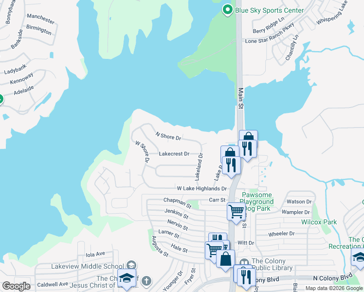 map of restaurants, bars, coffee shops, grocery stores, and more near 4556 North Shore Drive in The Colony