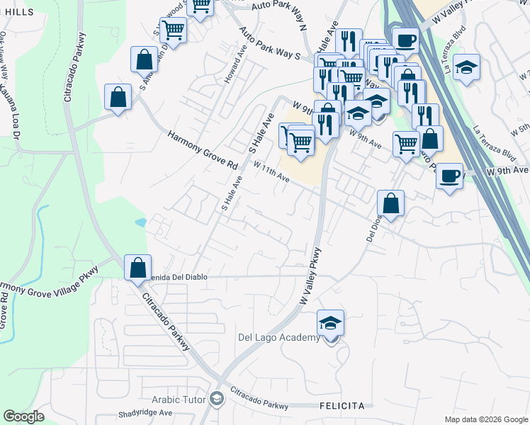 map of restaurants, bars, coffee shops, grocery stores, and more near 1874 Guilder Glen in Escondido
