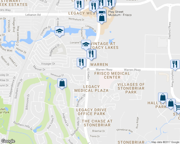 map of restaurants, bars, coffee shops, grocery stores, and more near 3330 Legacy Drive in Frisco