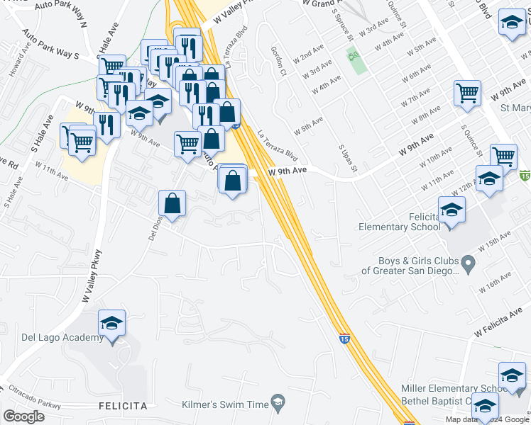 map of restaurants, bars, coffee shops, grocery stores, and more near 1564 Tanglewood Lane in Escondido