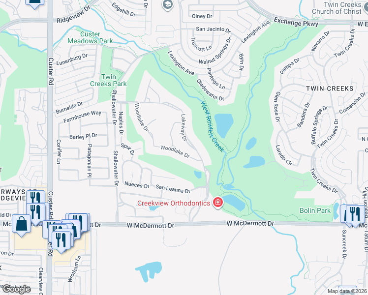 map of restaurants, bars, coffee shops, grocery stores, and more near 408 Woodlake Drive in Allen