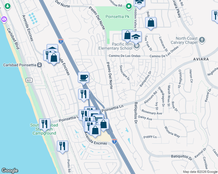map of restaurants, bars, coffee shops, grocery stores, and more near 6910 Sand Castle Drive in Carlsbad