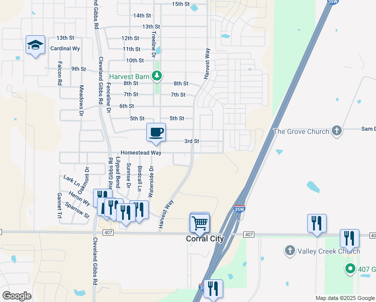map of restaurants, bars, coffee shops, grocery stores, and more near 1104 Homestead Way in Argyle