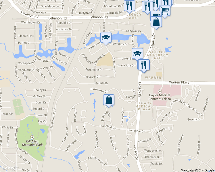 map of restaurants, bars, coffee shops, grocery stores, and more near 4831 Mariner Drive in Frisco