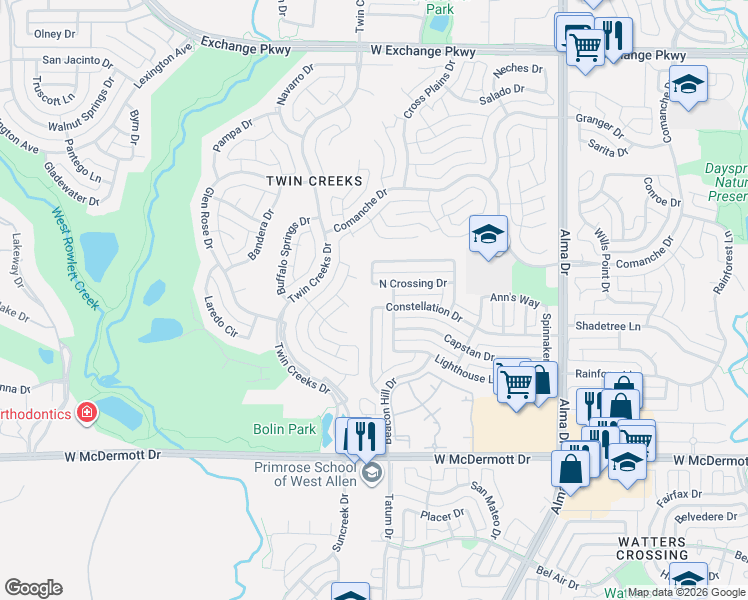 map of restaurants, bars, coffee shops, grocery stores, and more near 1506 Constellation Drive in Allen