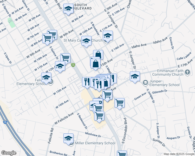 map of restaurants, bars, coffee shops, grocery stores, and more near 1593 South Escondido Boulevard in Escondido
