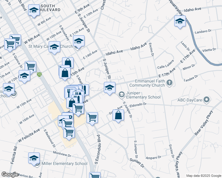 map of restaurants, bars, coffee shops, grocery stores, and more near 1701 South Juniper Street in Escondido