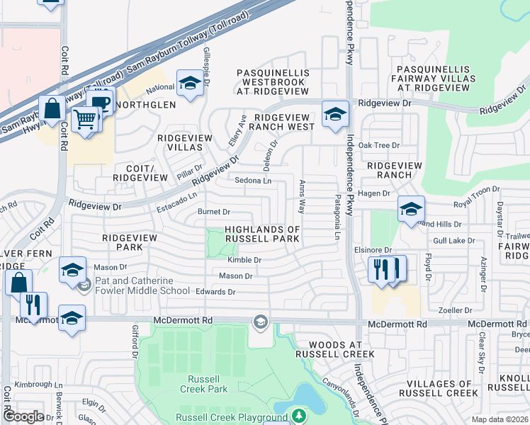 map of restaurants, bars, coffee shops, grocery stores, and more near 9409 Braxton Lane in Plano