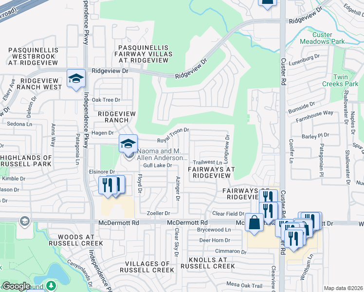 map of restaurants, bars, coffee shops, grocery stores, and more near 9324 Rattle Run Drive in Plano