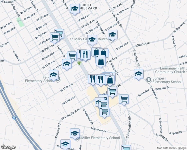 map of restaurants, bars, coffee shops, grocery stores, and more near 8 Orange Place in Escondido