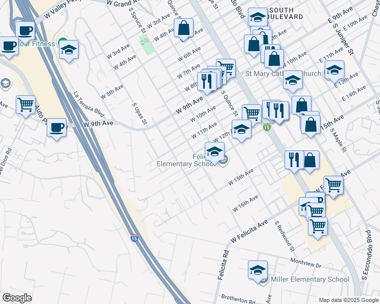 map of restaurants, bars, coffee shops, grocery stores, and more near 1141 South Tulip Street in Escondido