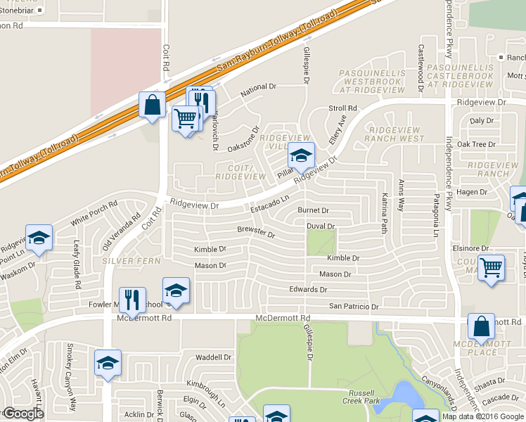 map of restaurants, bars, coffee shops, grocery stores, and more near 3548 Duval Dr in Plano