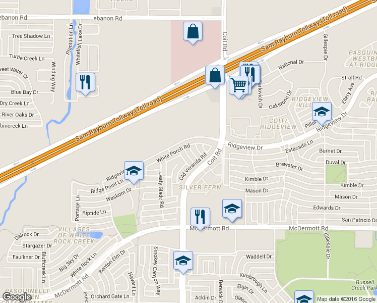 map of restaurants, bars, coffee shops, grocery stores, and more near 4017 Kenosha Road in Plano